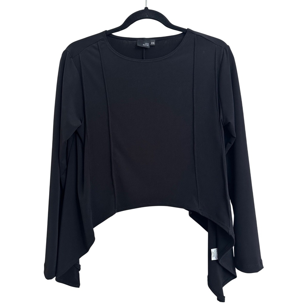 Lisa Bayne Black Seamed Long Sleeve Cropped Blouse Handkerchief Hem XS